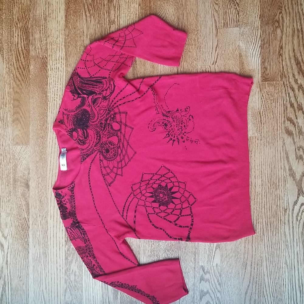 (L/XL) SanSan Thick Knit Viscose Blend Top 🖤 3/4 Length Sleeves Floral Details